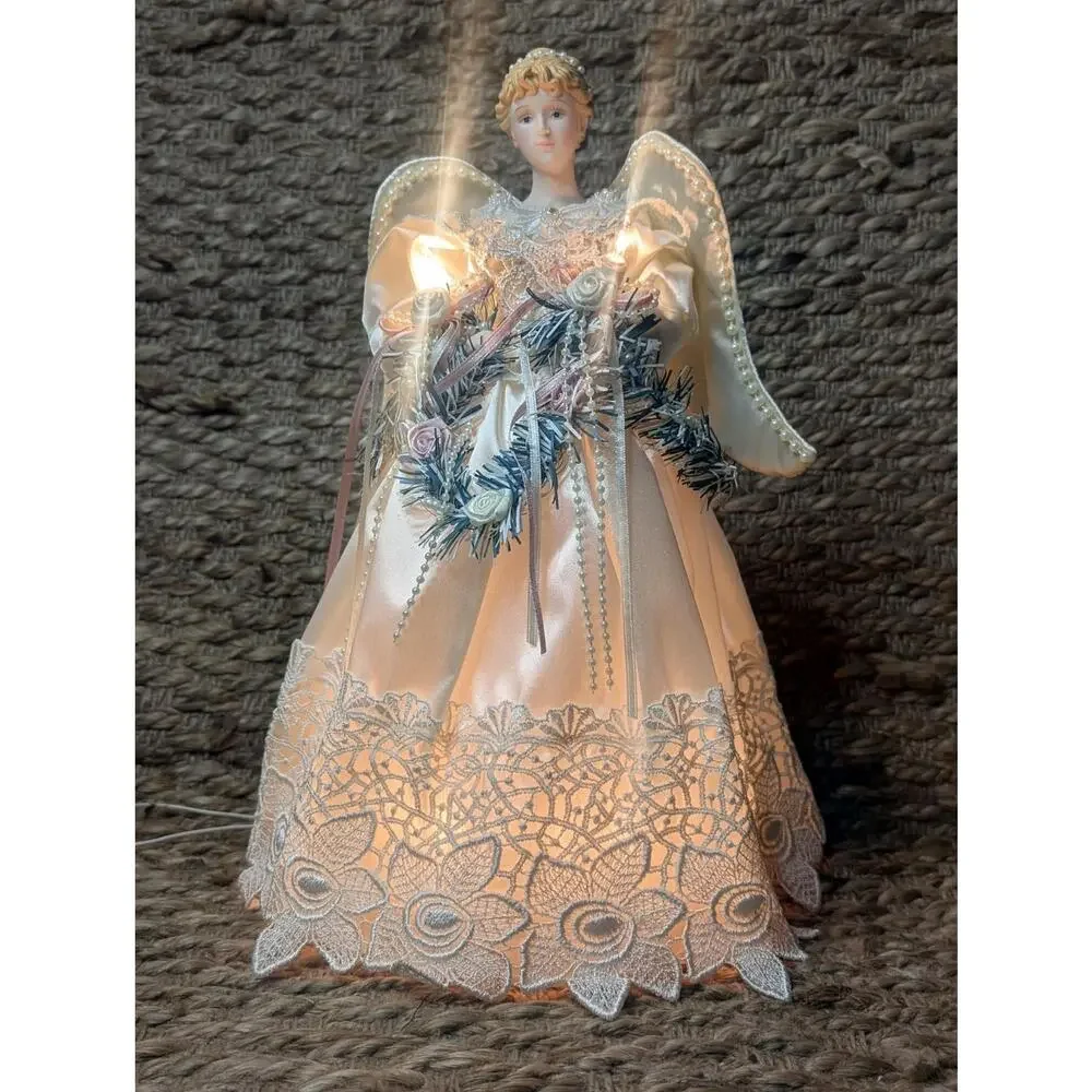 Vintage Traditions Lighted Angel Christmas Tree Topper Satin Gown Roses Beaded